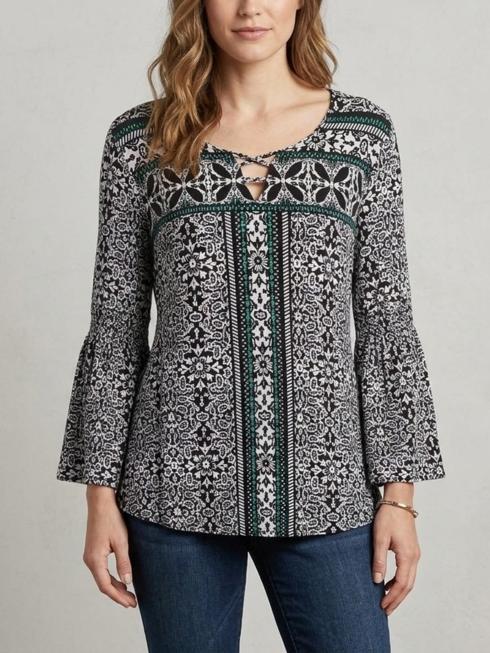 Cato Black,White & Green Chic Bohemian Printed Bell-Sleeve Tunic Size M. WS 213